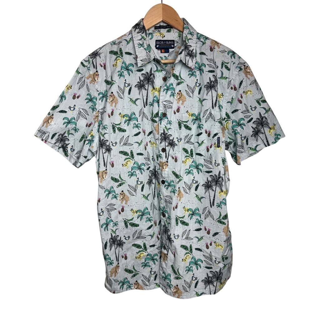 Baja Llama Short Sleeve Slub Cotton Button Down Shirt Sz. L